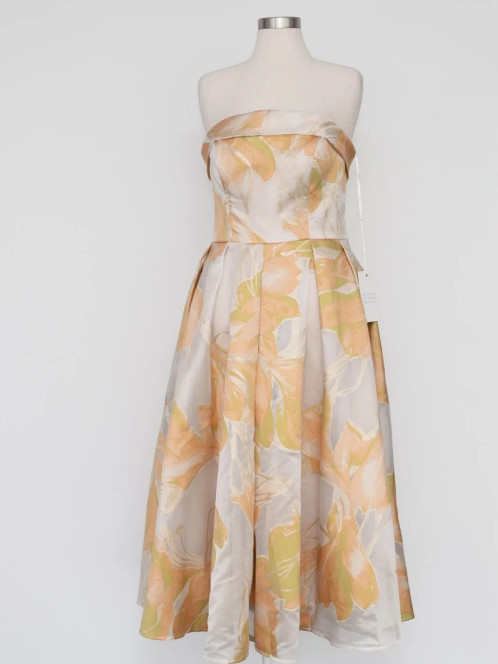 Mac Duggal -  Peach Multi Floral Brocade Strapless Midi Dress